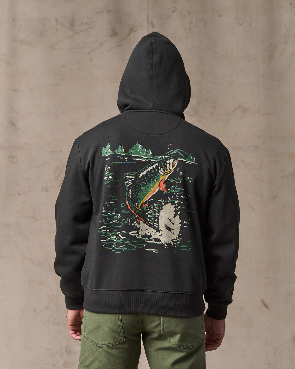 image of a model wearing Filson's Trout Graphic Hoodie - Faded Black