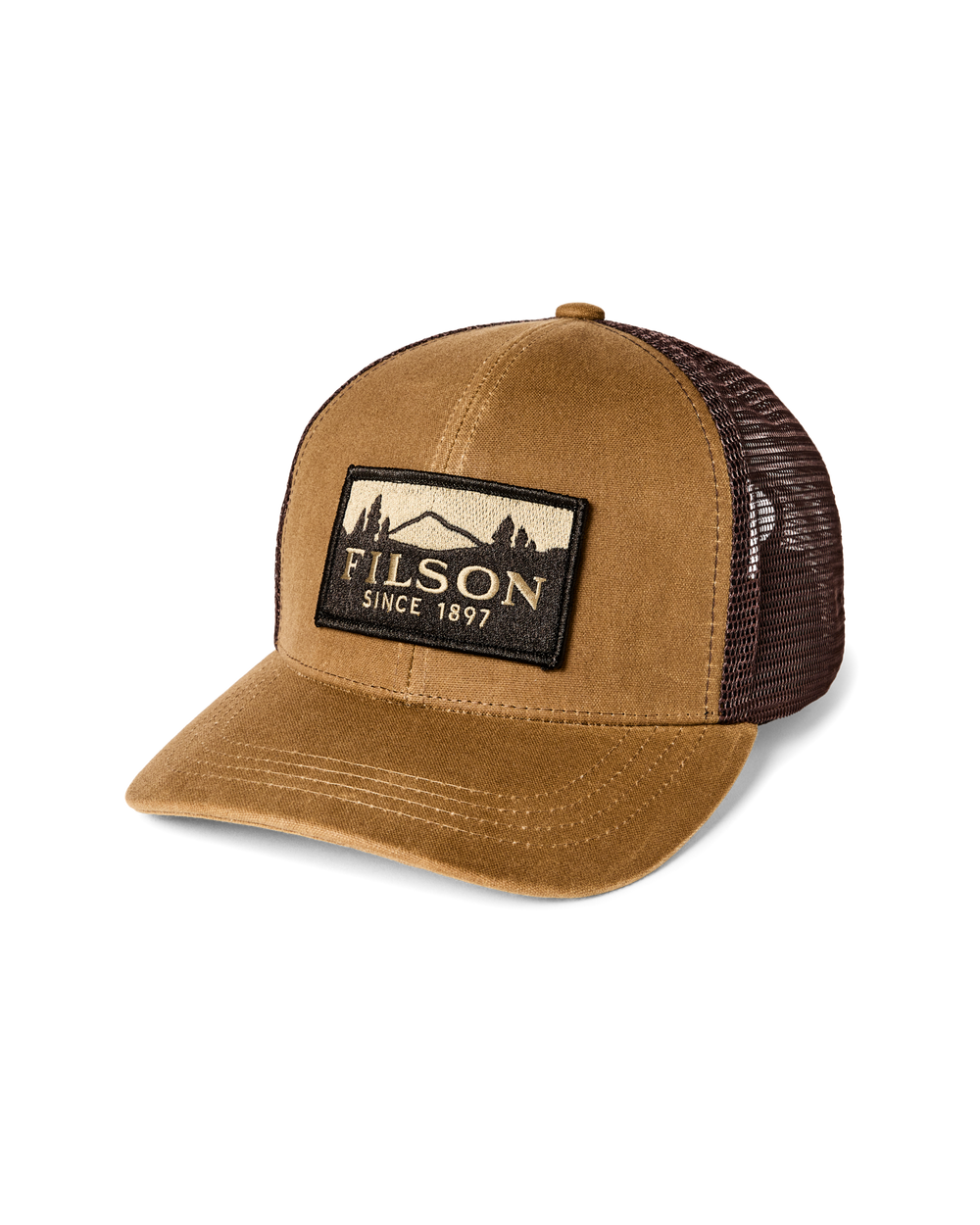 Front-facing image of the Filson Scenic Logger Mesh Cap - Dark Khaki