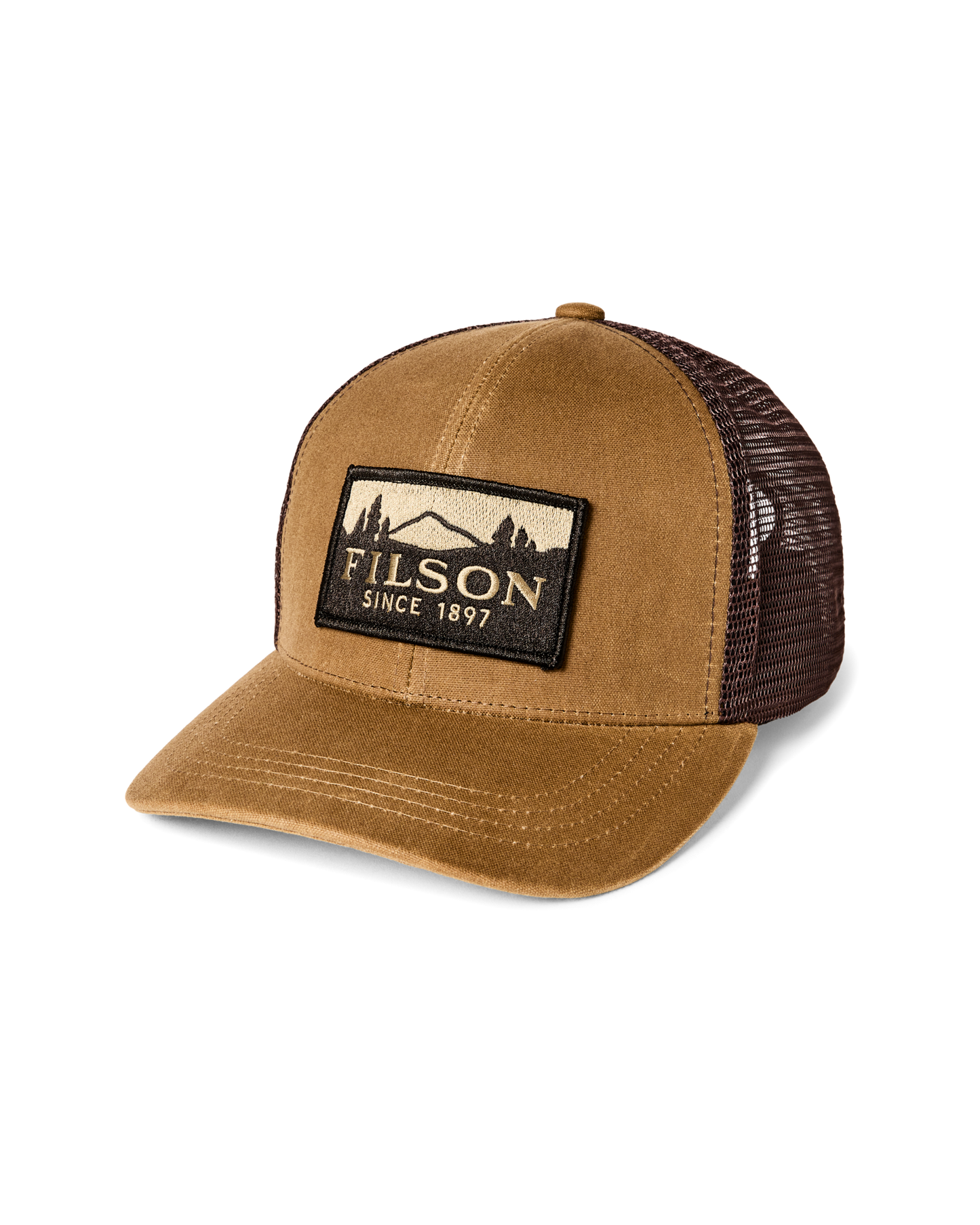 Front-facing image of the Filson Scenic Logger Mesh Cap - Dark Khaki