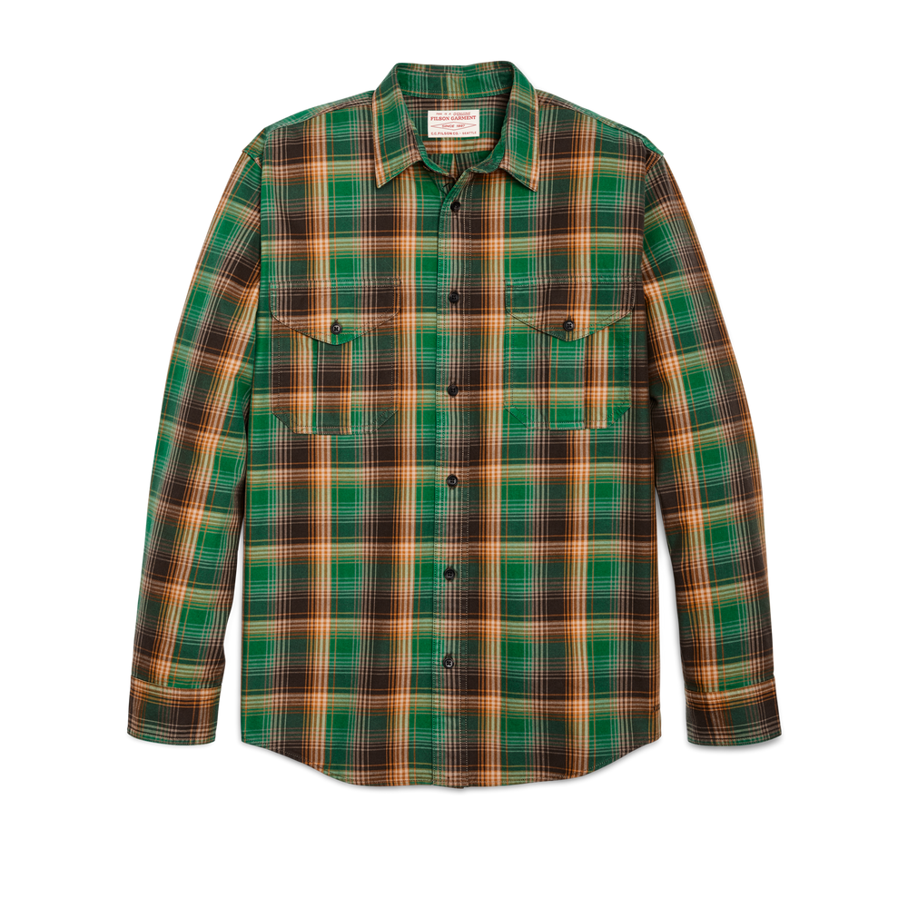 Front-facing image of the Filson Lightweight Alaskan Guide Shirt - Yellow / Green / Gray Plaid