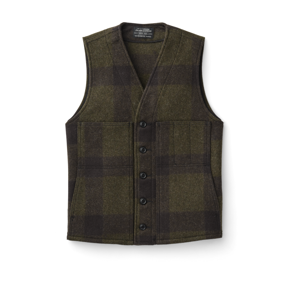 Front-facing image of the Filson Mackinaw Wool Vest - Forest Green/brown Plaid