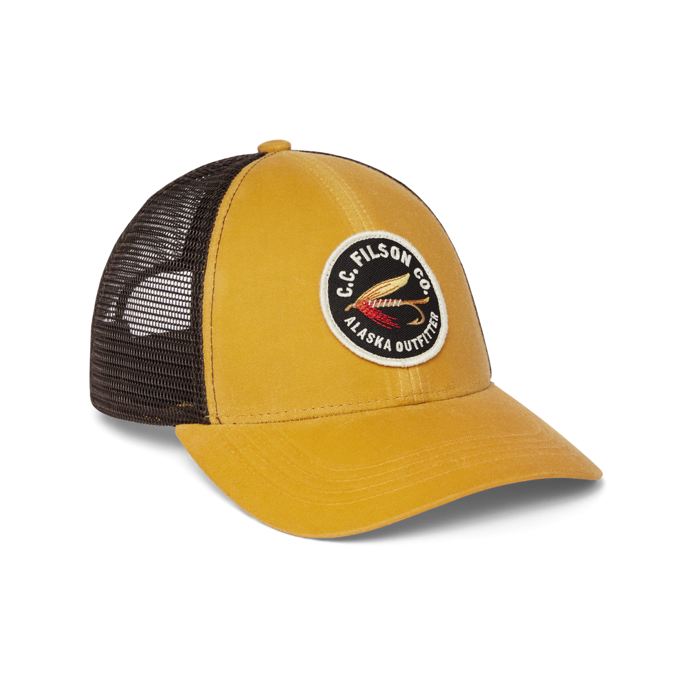 Front-facing image of the Filson Mesh Snap-back Logger Cap - Yellow / Prince Fly Patch