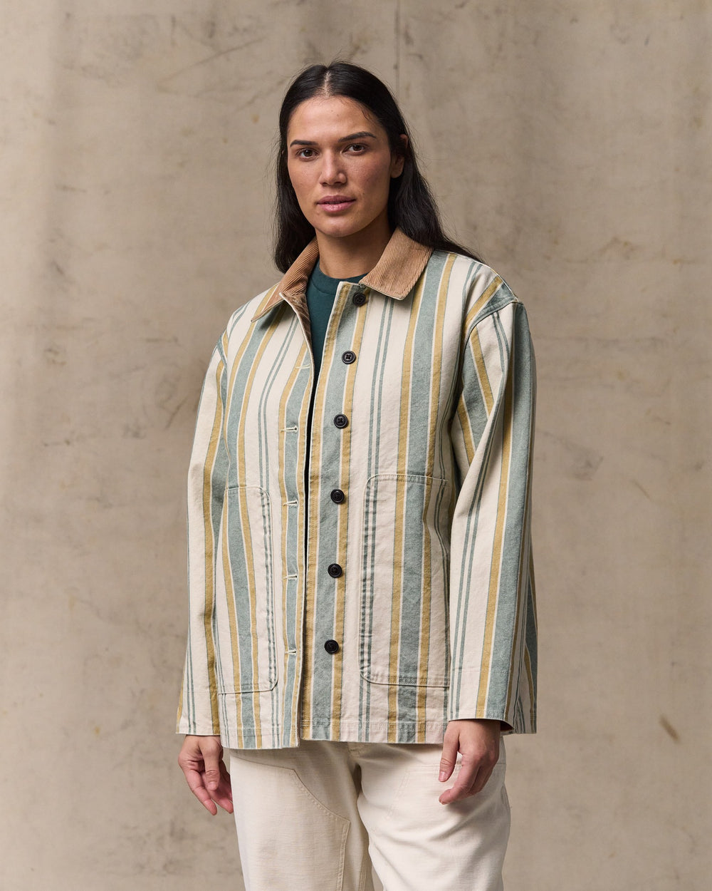 image of a model wearing Filson's Women's Canvas Barn Coat - Natural / Yellow