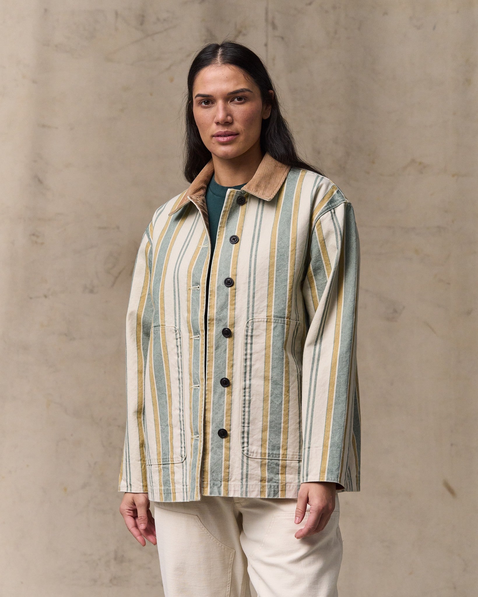 image of a model wearing Filson's Women's Canvas Barn Coat - Natural / Yellow