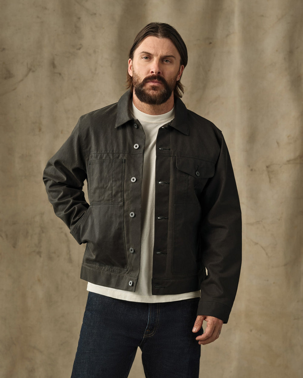 image of a model wearing Filson's Tin Cloth Short Lined Cruiser Jacket - Beluga
