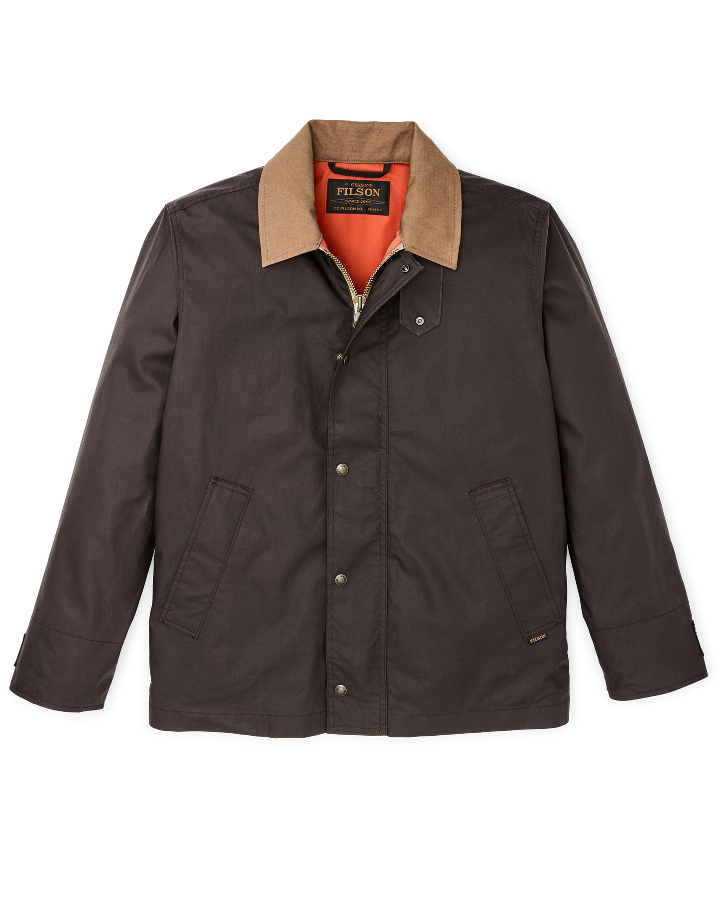 Front-facing image of the Filson Dry Wax Short Field Jacket - Dark Brown