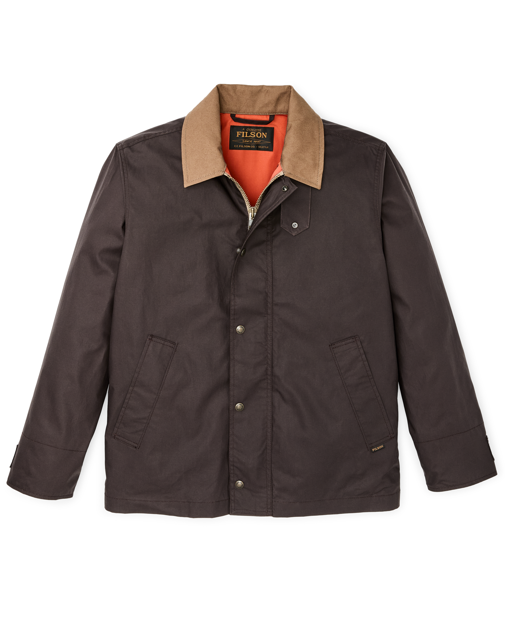 Front-facing image of the Filson Dry Wax Short Field Jacket - Dark Brown