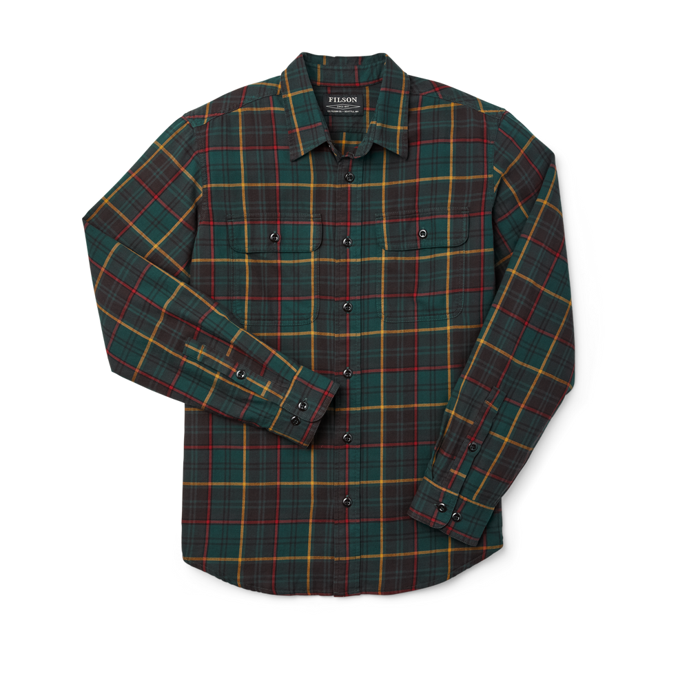 Front-facing image of the Filson Scout Shirt - Hunter Green/brown Plaid