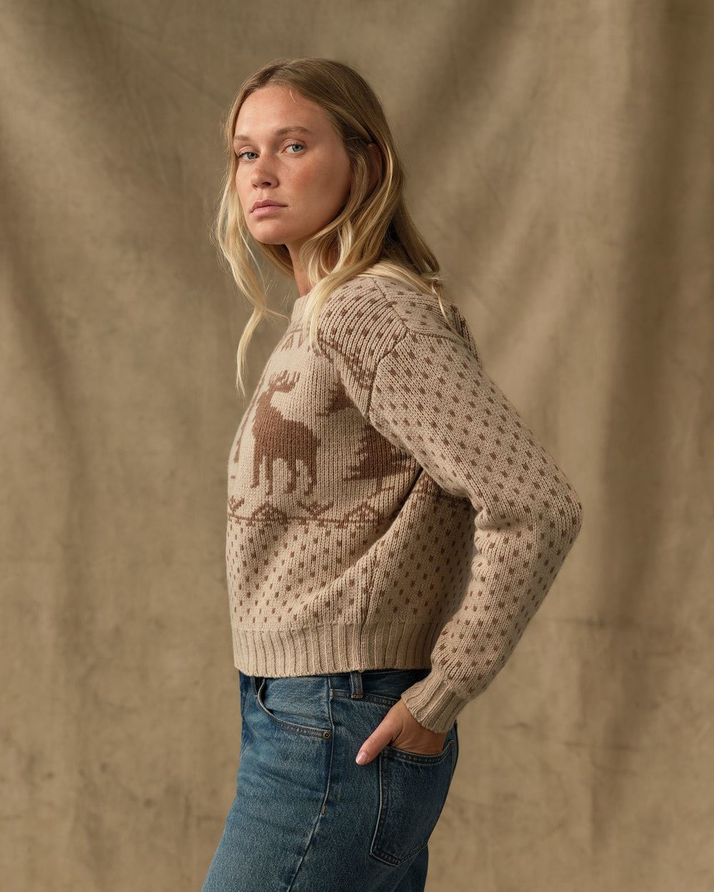 Women's Wildlife Wool Sweater - Cream / Brown