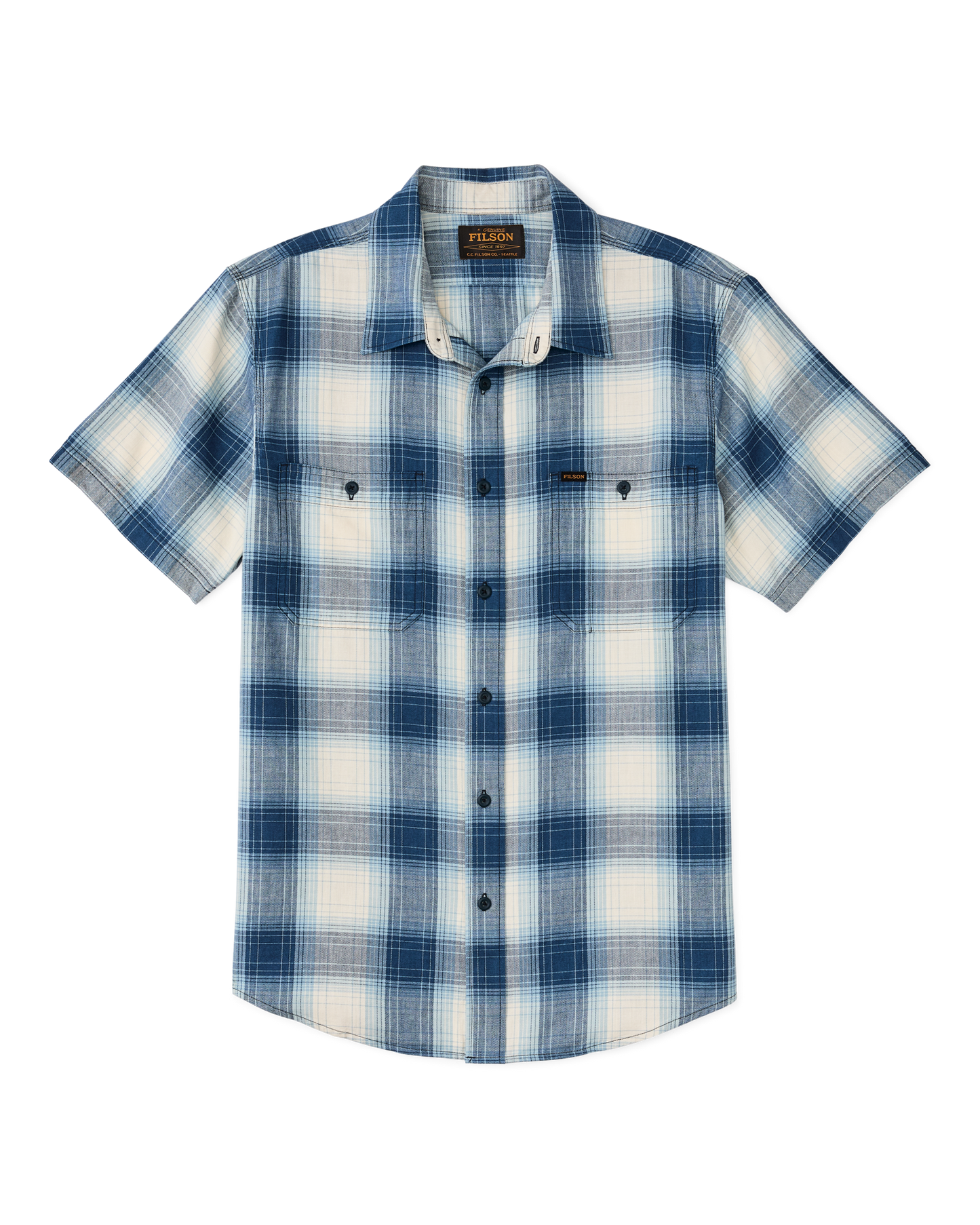 Front-facing image of the Filson Short Sleeve Chambray Shirt  - Indigo Plaid