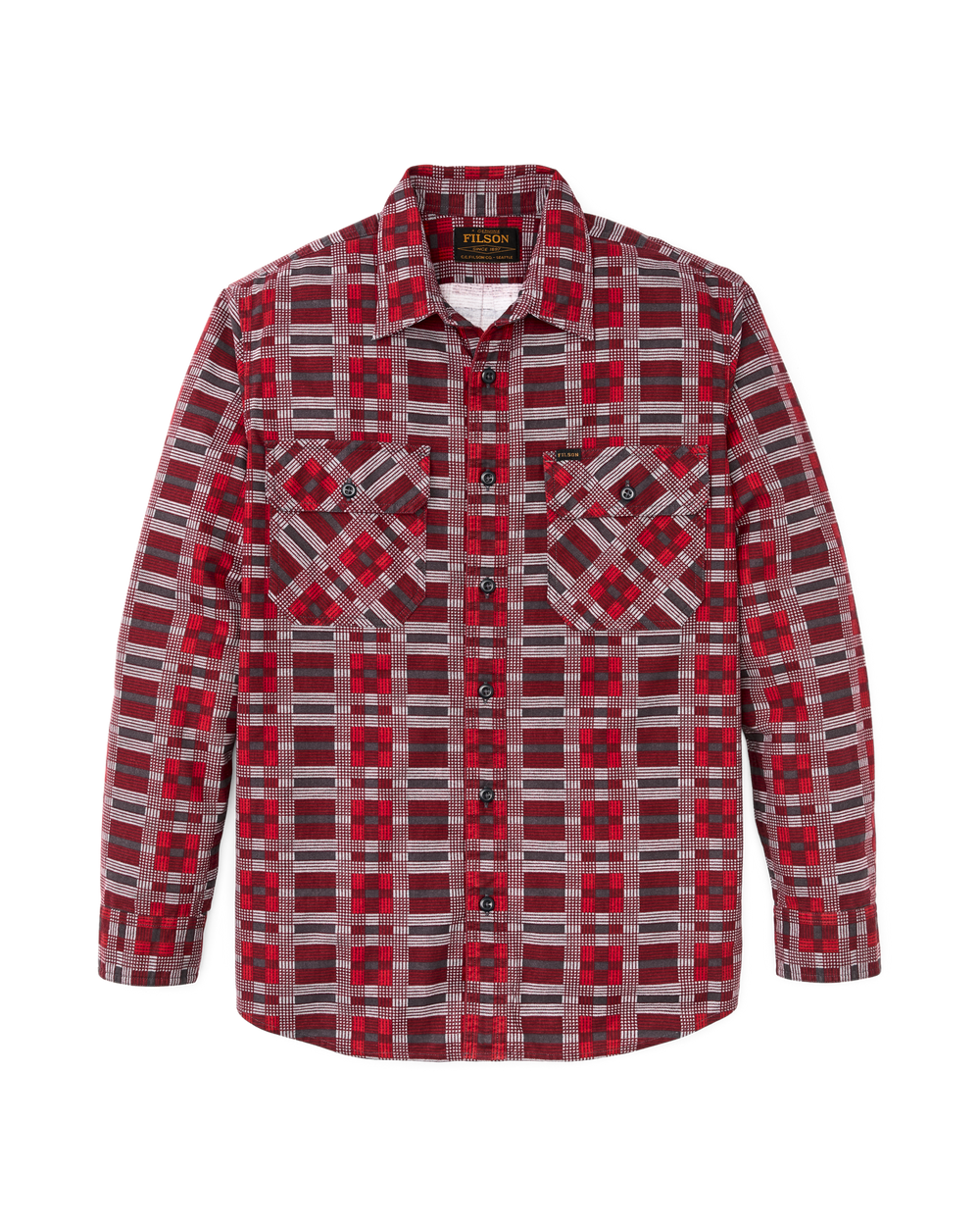 Front-facing image of the Filson Field Flannel Shirt - Burgundy / Red Plaid