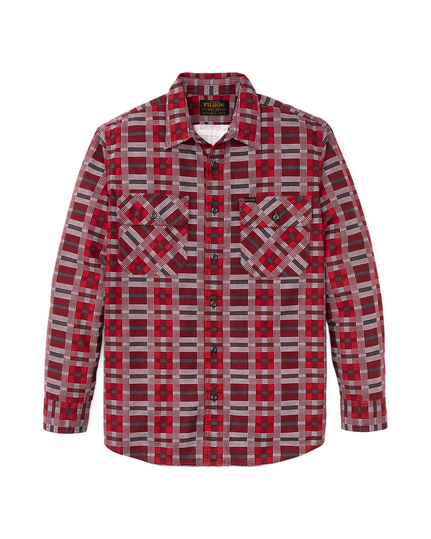 Front-facing image of the Filson Field Flannel Shirt - Burgundy / Red Plaid