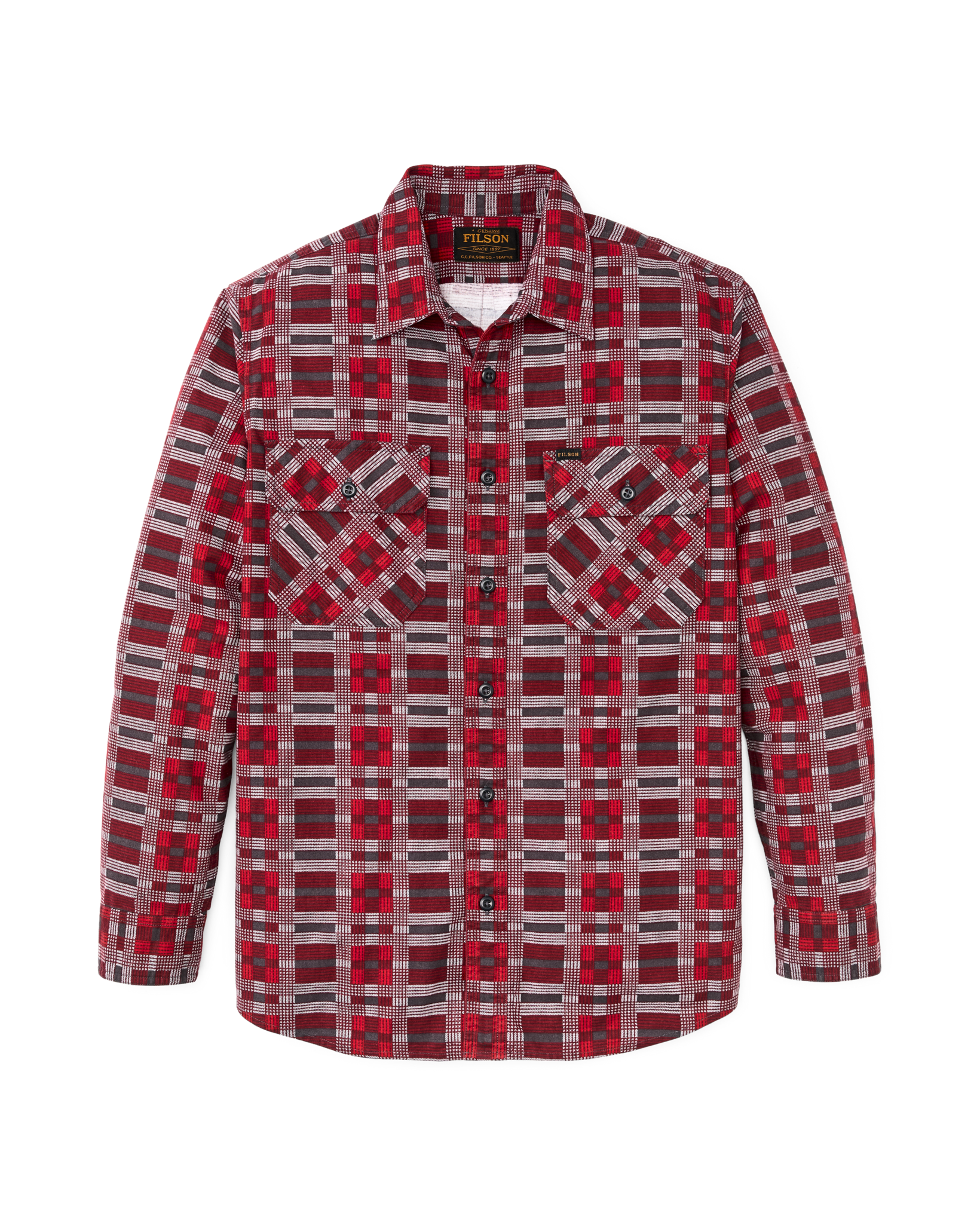 Front-facing image of the Filson Field Flannel Shirt - Burgundy / Red Plaid