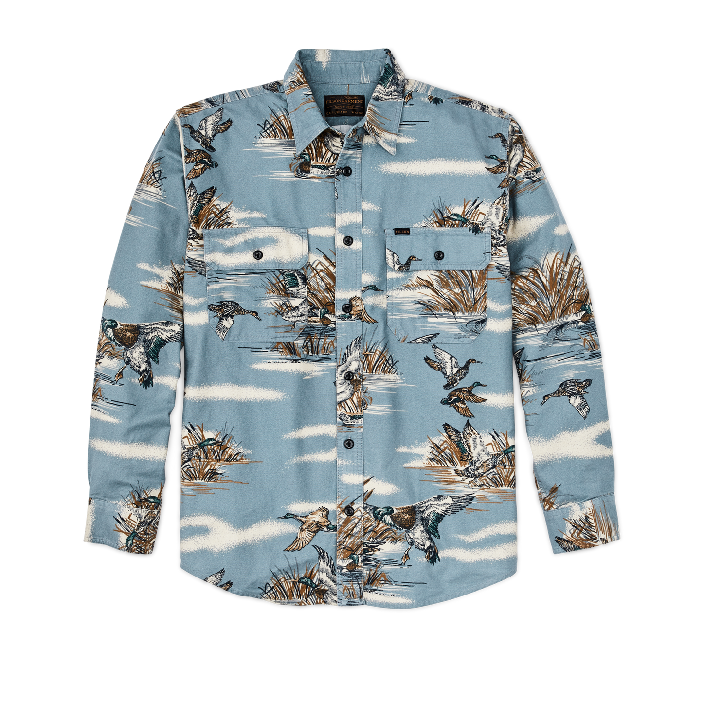 Front-facing image of the Filson Field Flannel Shirt - Marsh Scenic / Blue