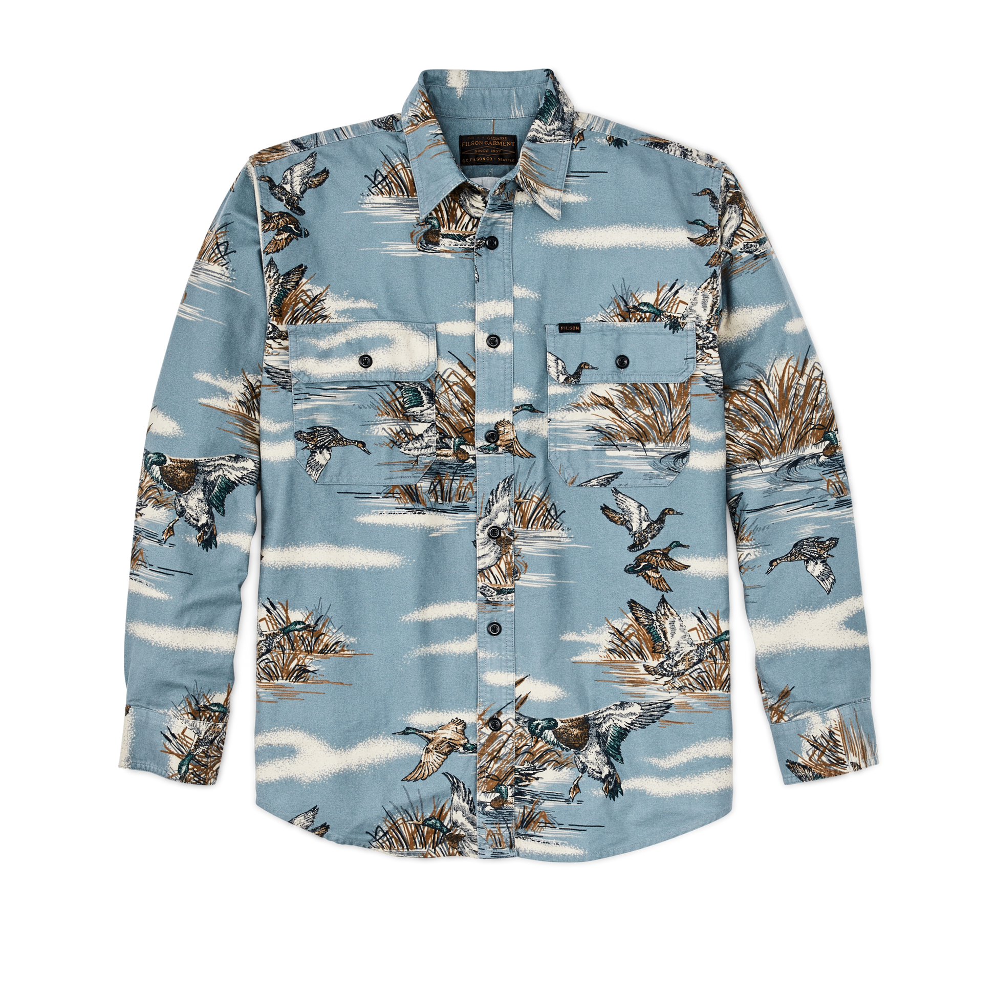 Front-facing image of the Filson Field Flannel Shirt - Marsh Scenic / Blue