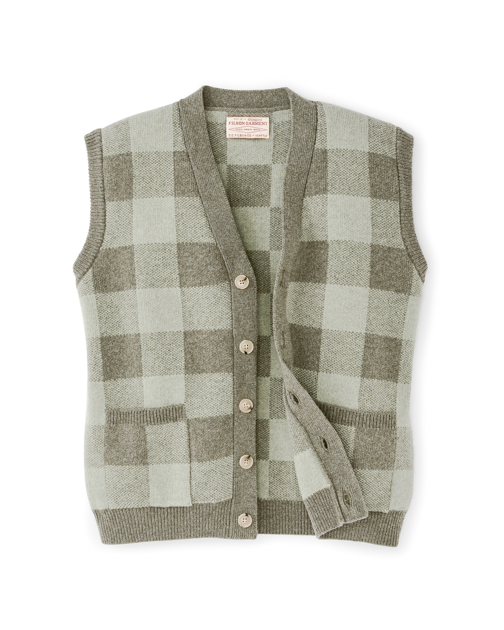 Women's Wool Cardigan Vest - Olive Check