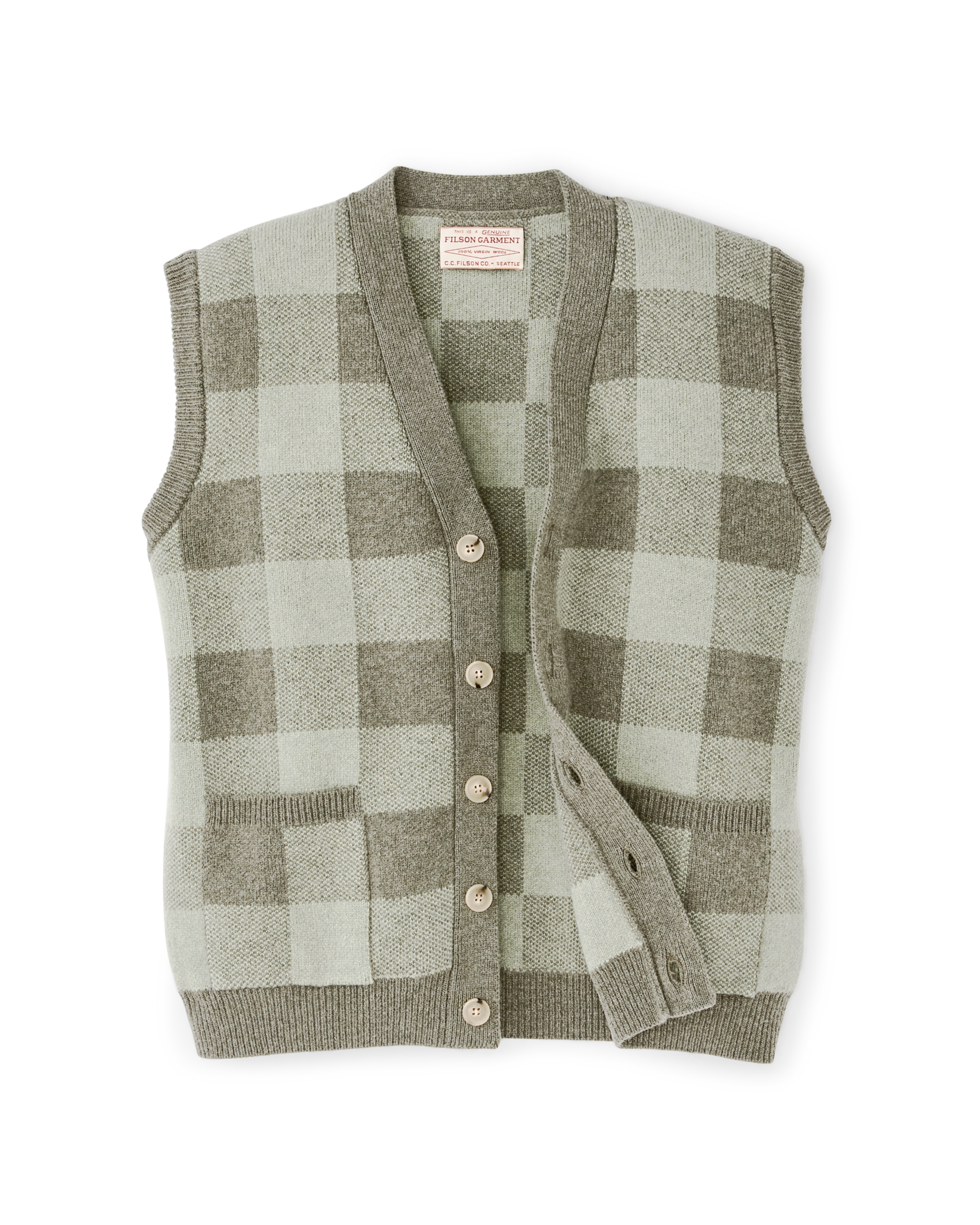Women's Wool Cardigan Vest - Olive Check