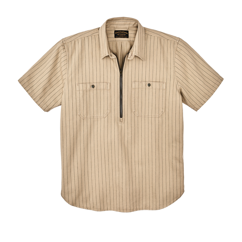 Front-facing image of the Filson Short Sleeve Mechanic Shirt - Tan Herringbone/ Green Stripe