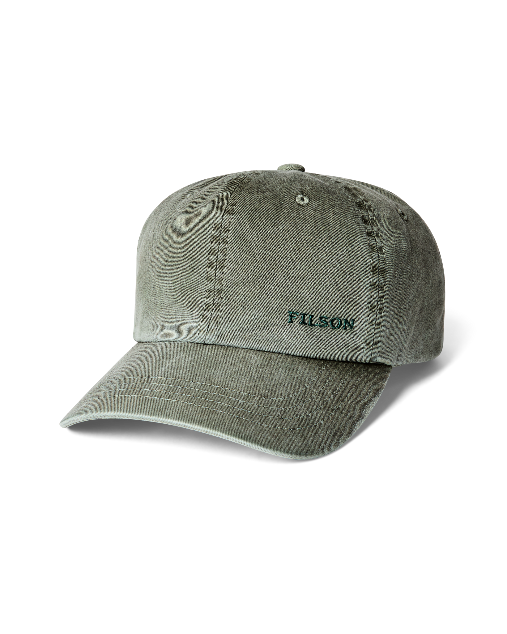 Front-facing image of the Filson Washed Low-profile Logger Cap - Washed Olive