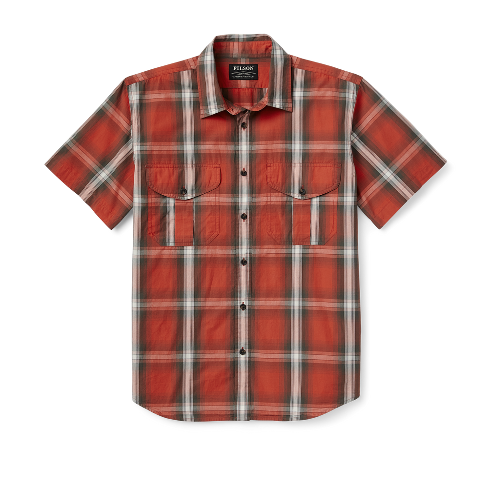 main image of filson's filson's washed short sleeve feather cloth shirt, a men's short sleeve shirt constructed in cotton, shown in red / brown / cream plaid