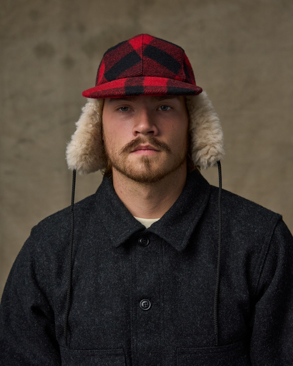 Double Mackinaw Wool Cap - Red Black Plaid/birch