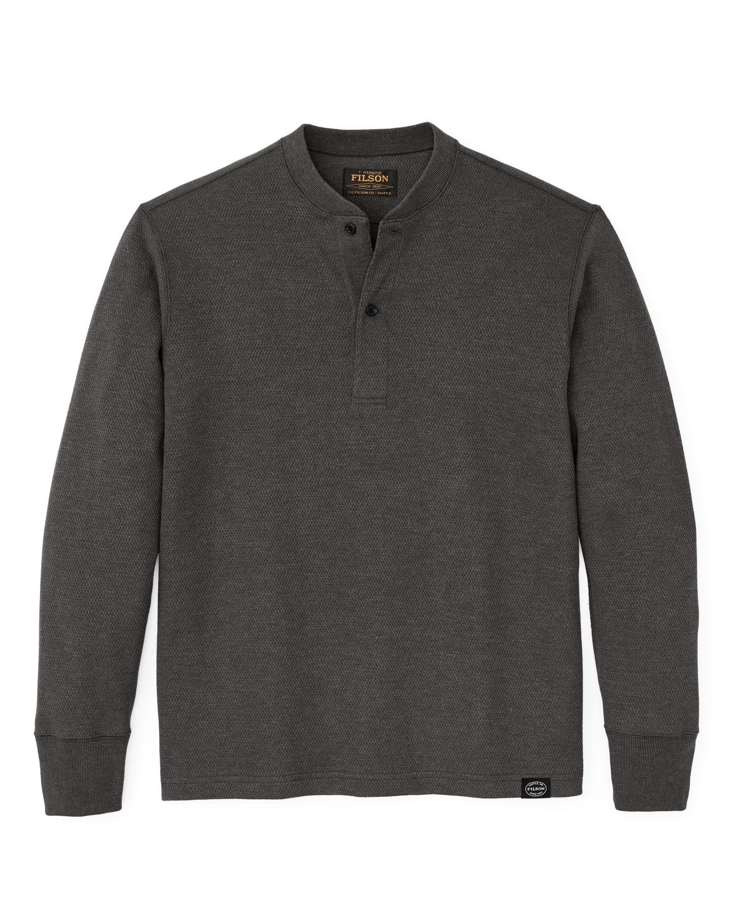 Front-facing image of the Filson Waffle Knit Henley - Charcoal