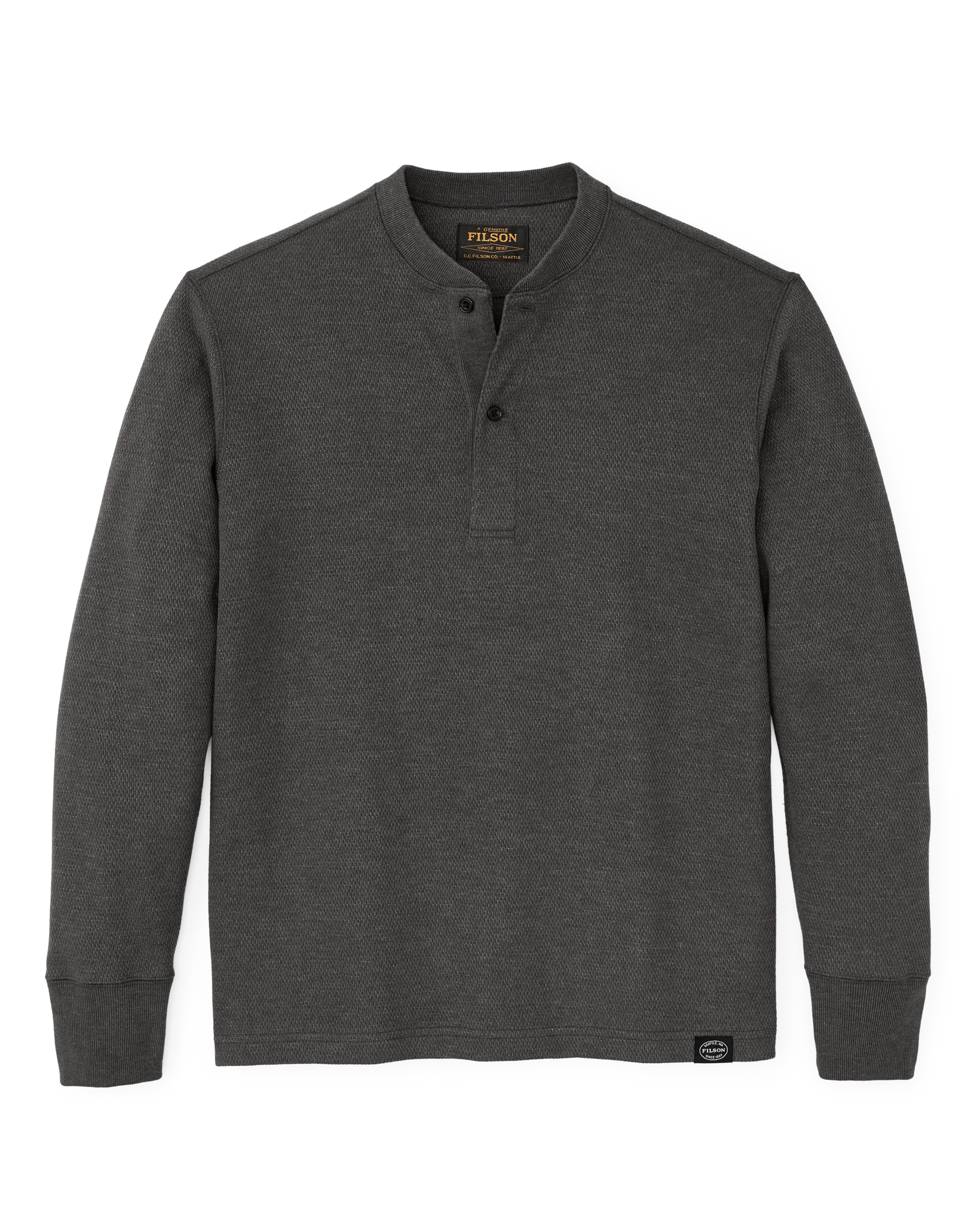 Front-facing image of the Filson Waffle Knit Henley - Charcoal