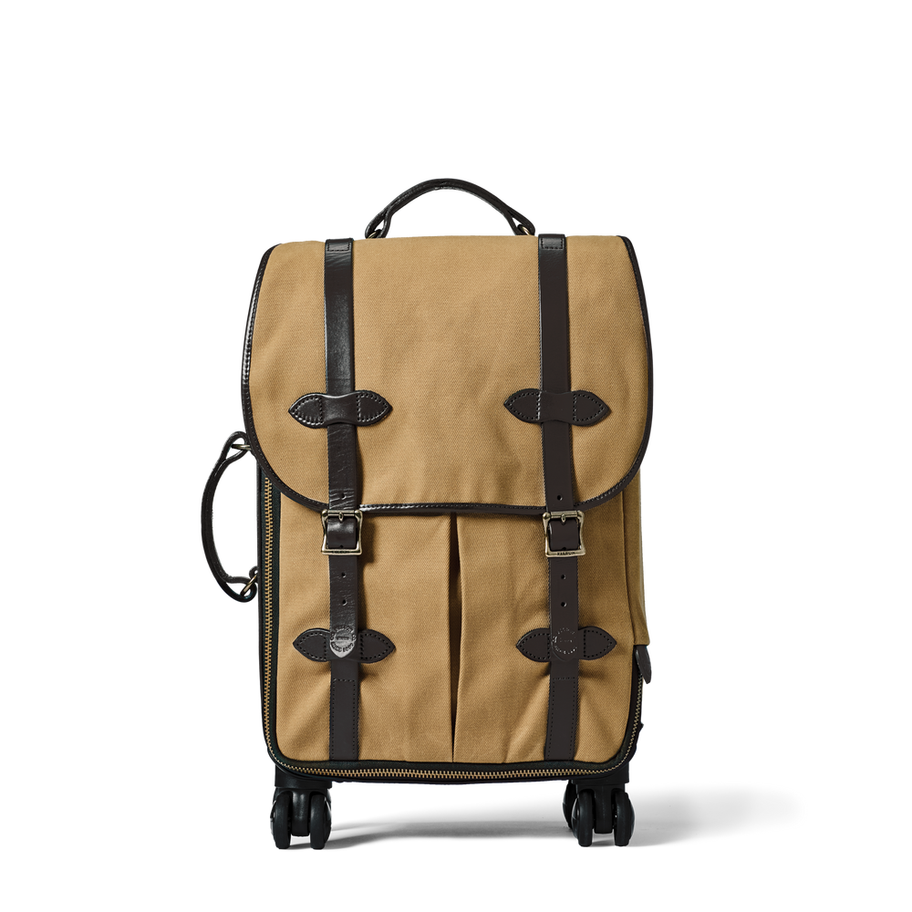 Front-facing image of the Filson Rugged Twill Rolling 4-wheel Carry-on Bag - Tan