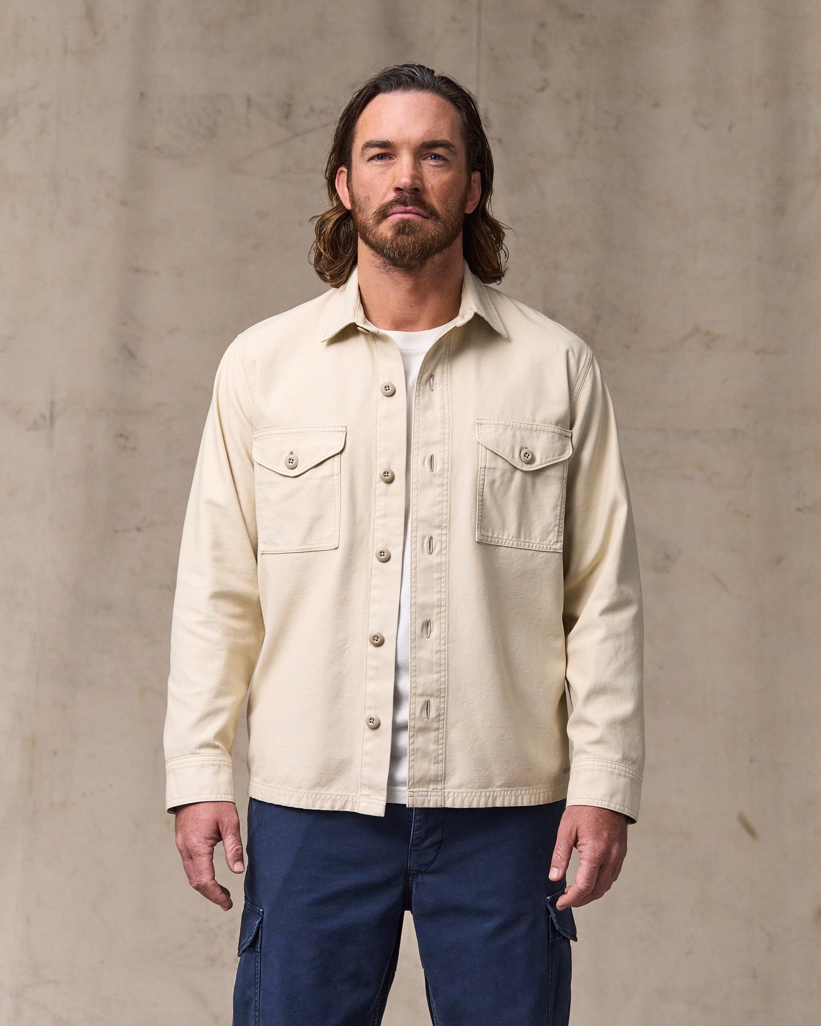 image of a model wearing Filson's Field Jac-shirt - Washed Oatmeal