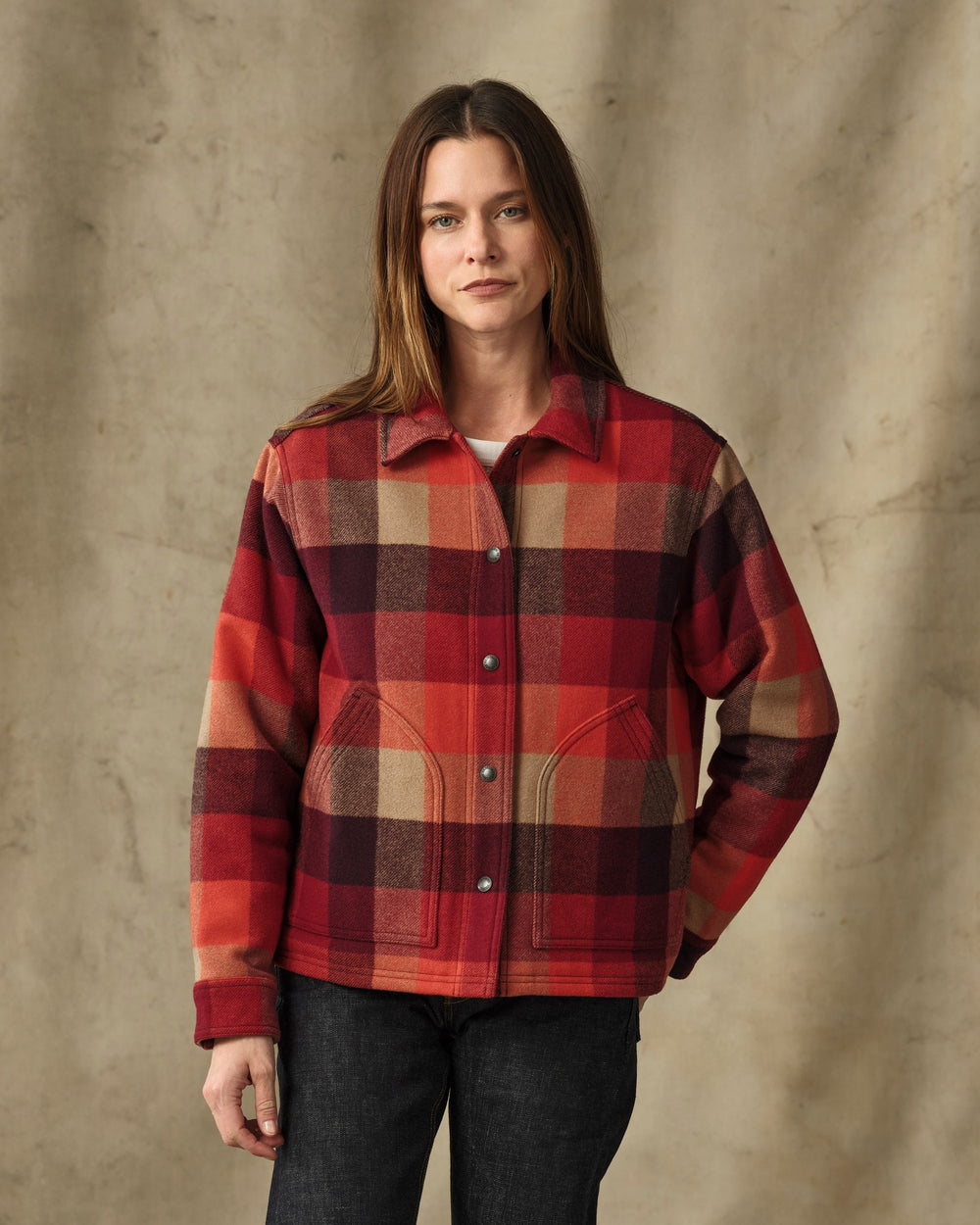 image of a model wearing Filson's Women's Spokane Insulated Jacket - Red / Burgundy Plaid