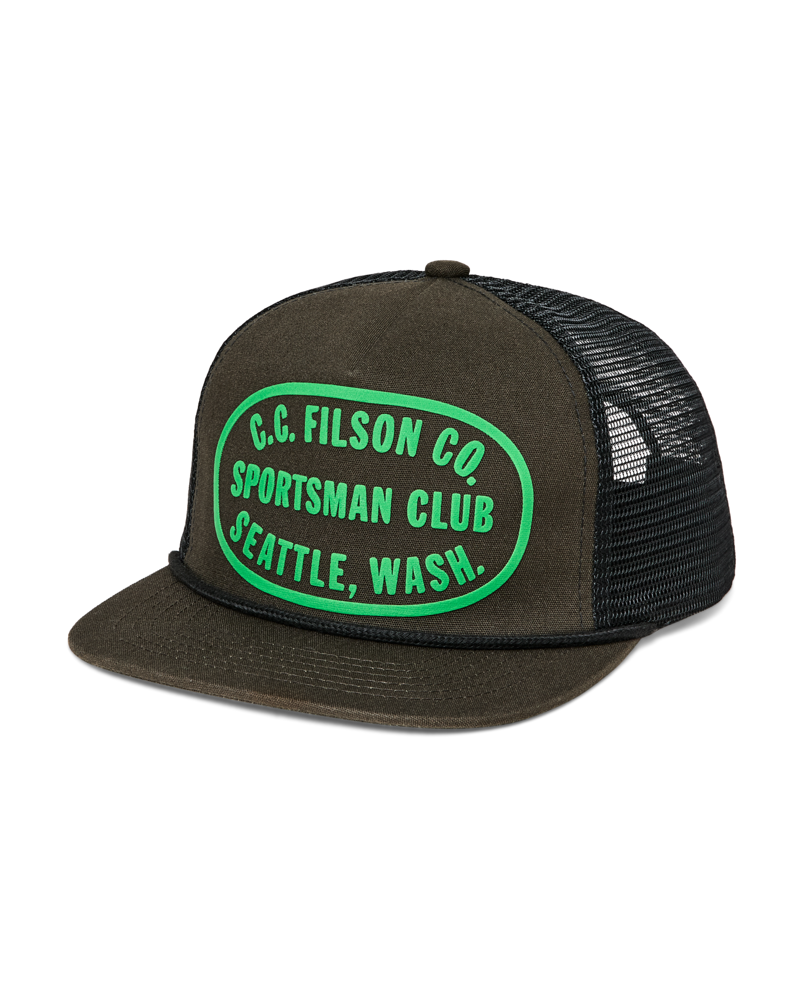 Front-facing image of the Filson Trucker Mesh Cap - Dark Forest / Sportsman