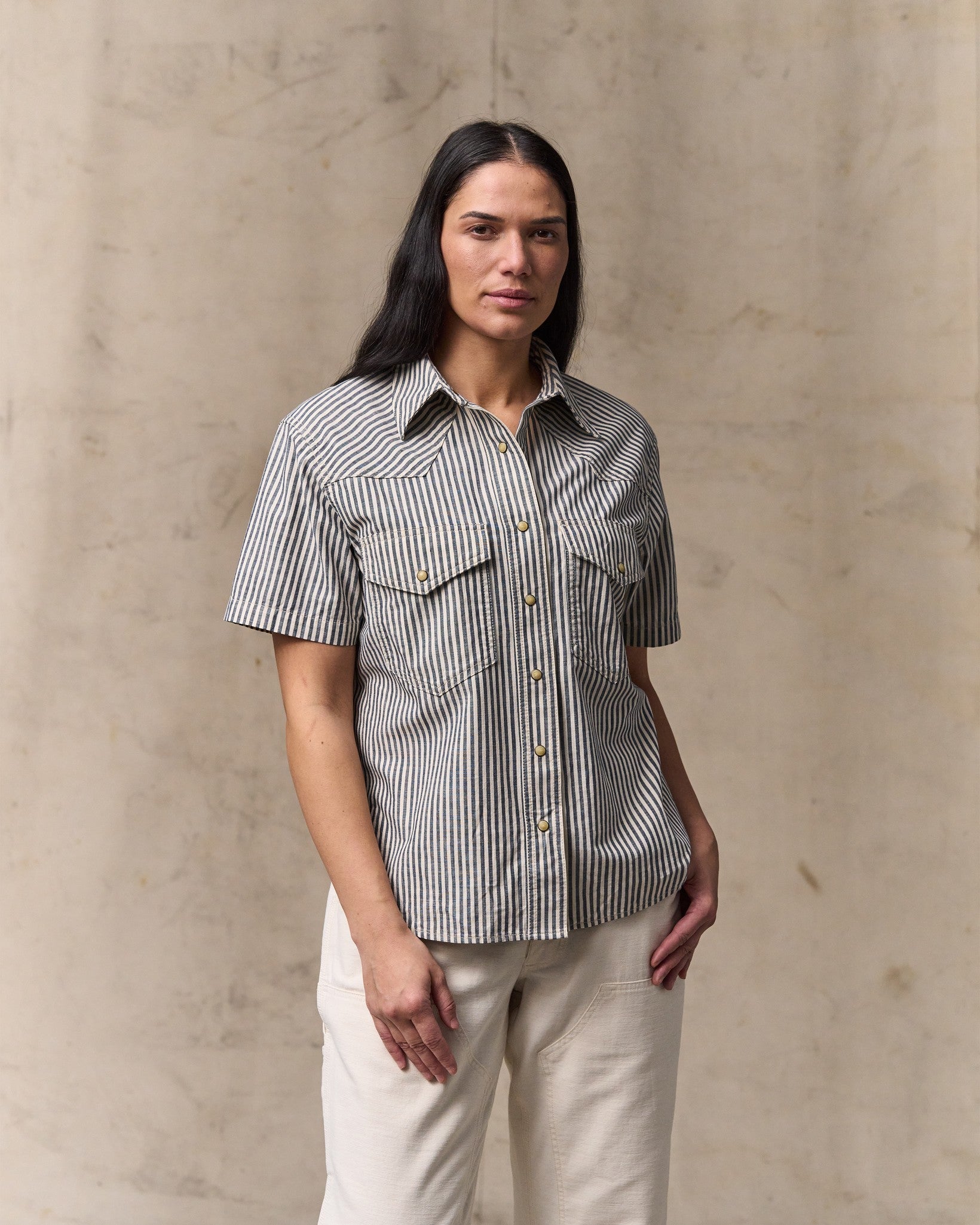 Women's Short Sleeve Chambray Western Shirt - Indigo / Natural