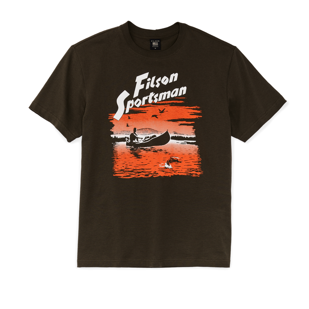 Front-facing image of the Filson Pioneer Graphic T-shirt - Coffee / Canoe
