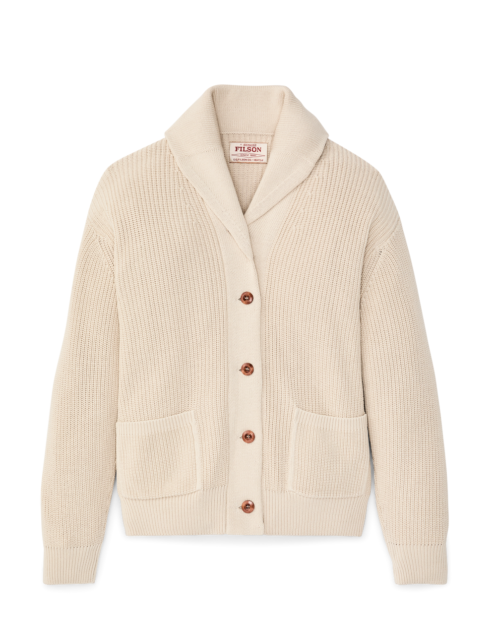 Front-facing image of the Filson Women's Cotton Shawl Neck Cardigan - Natural