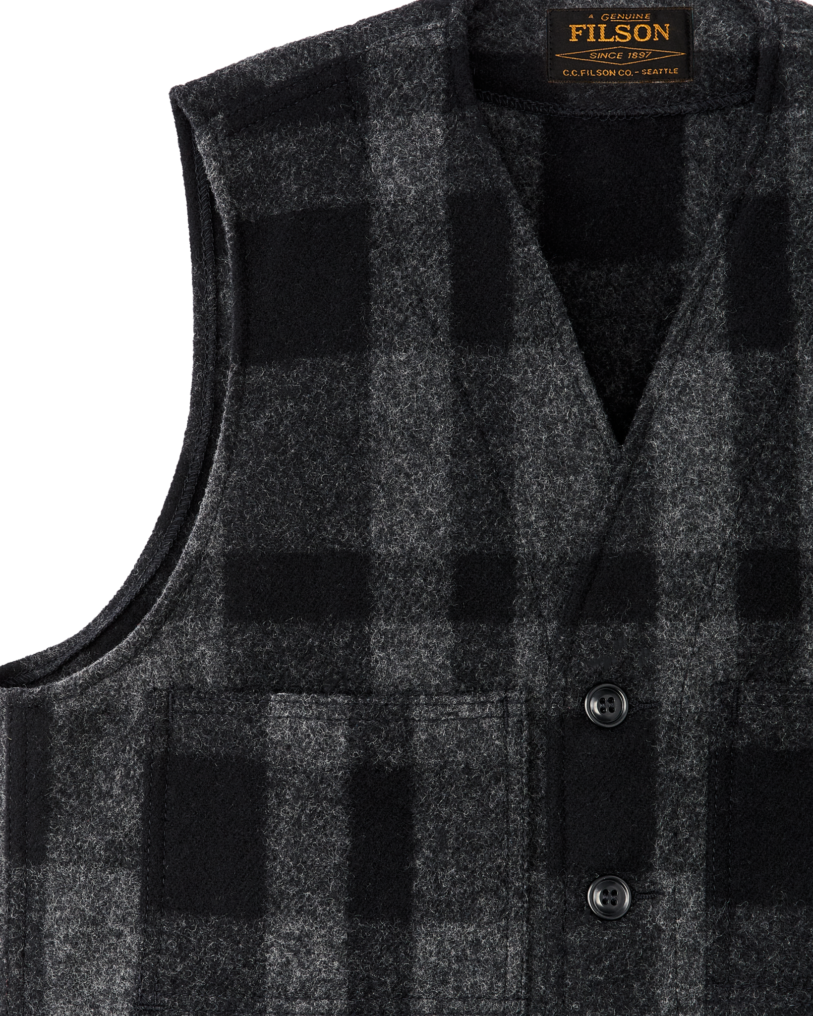 Mackinaw Wool Vest - Charcoal / Black Heritage Plaid | Filson Mackinaw Wool Vest - Charcoal / Black Heritage Plaid | Filson