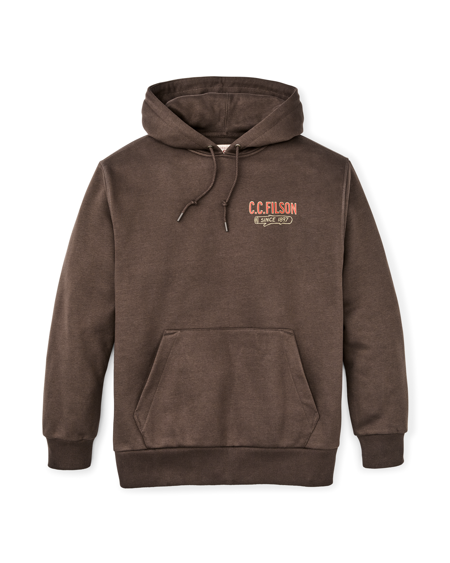 Front-facing image of the Filson Prospector Graphic Hoodie - Dark Brown / Logging