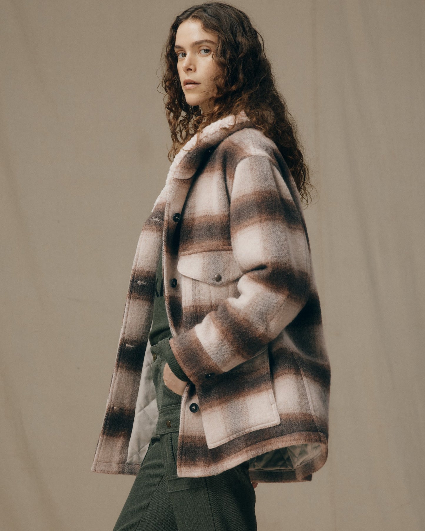 Women's Kodiak Shawl Collar Coat - Cream / Brown Shadow Plaid