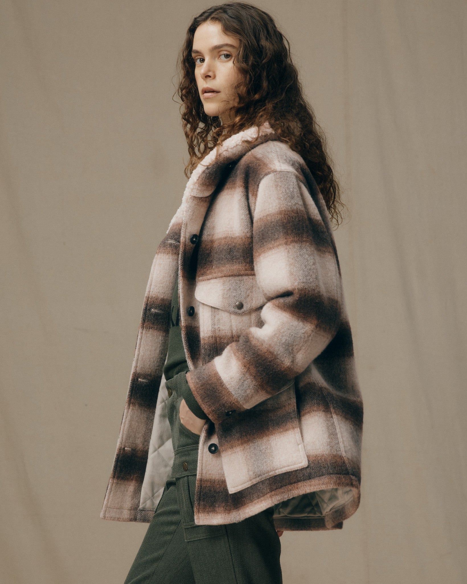 Women's Kodiak Shawl Collar Coat - Cream / Brown Shadow Plaid