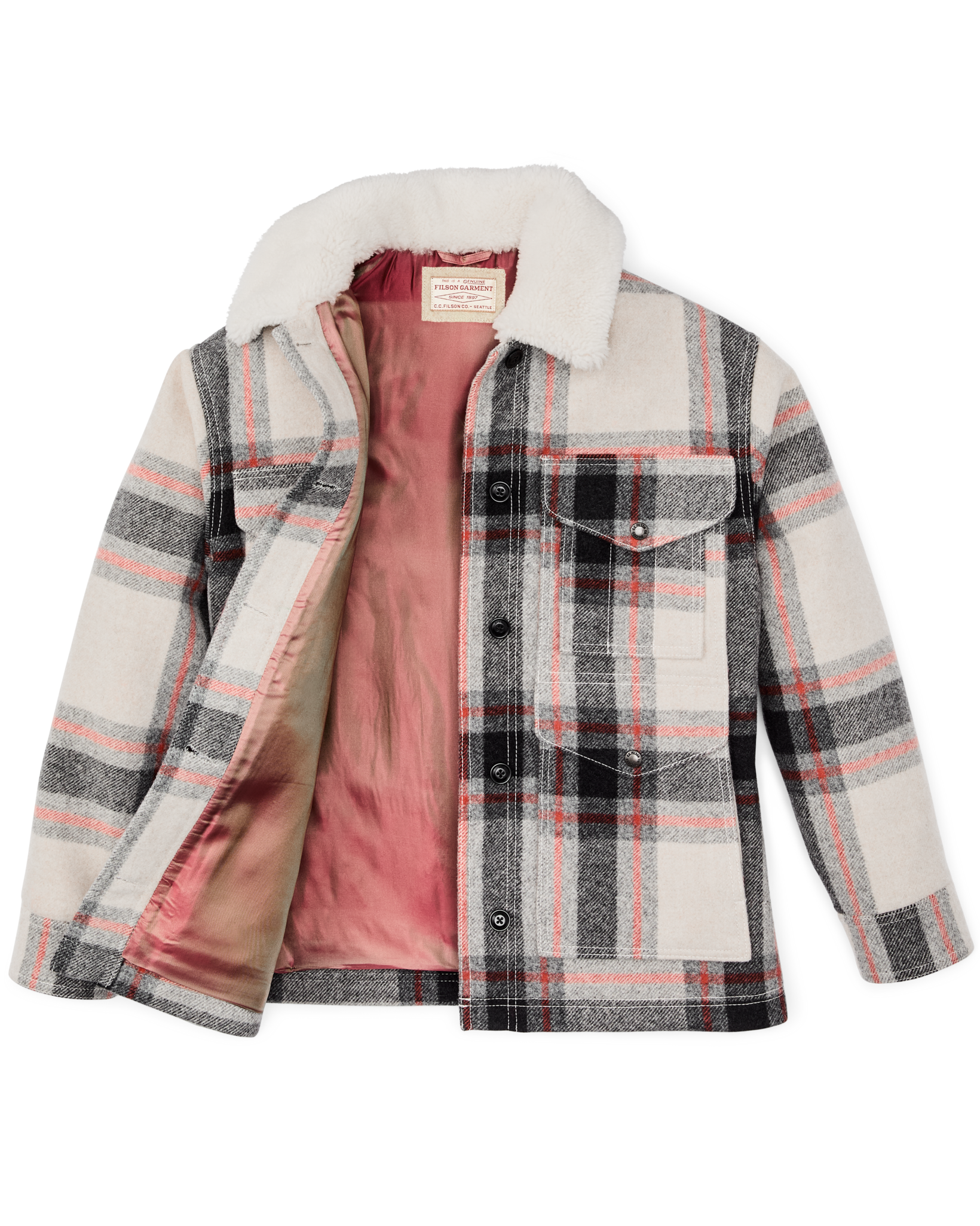 Women's Mackinaw Wool Shearling Cruiser Jacket - Cream / Red / Black Plaid