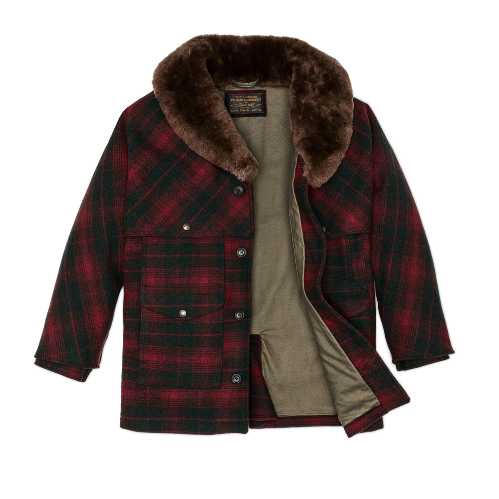 Alternate view of the Filson Lined Mackinaw Wool Packer Coat - Burgundy / Dark Olive Plaid