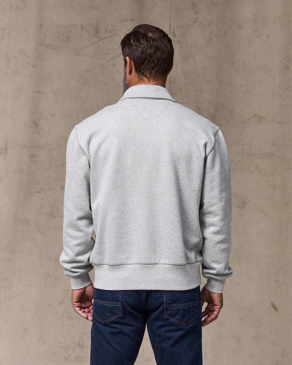 image of a model wearing Filson's 14-oz. Heritage Fleece Quarter Zip - Gray Heather