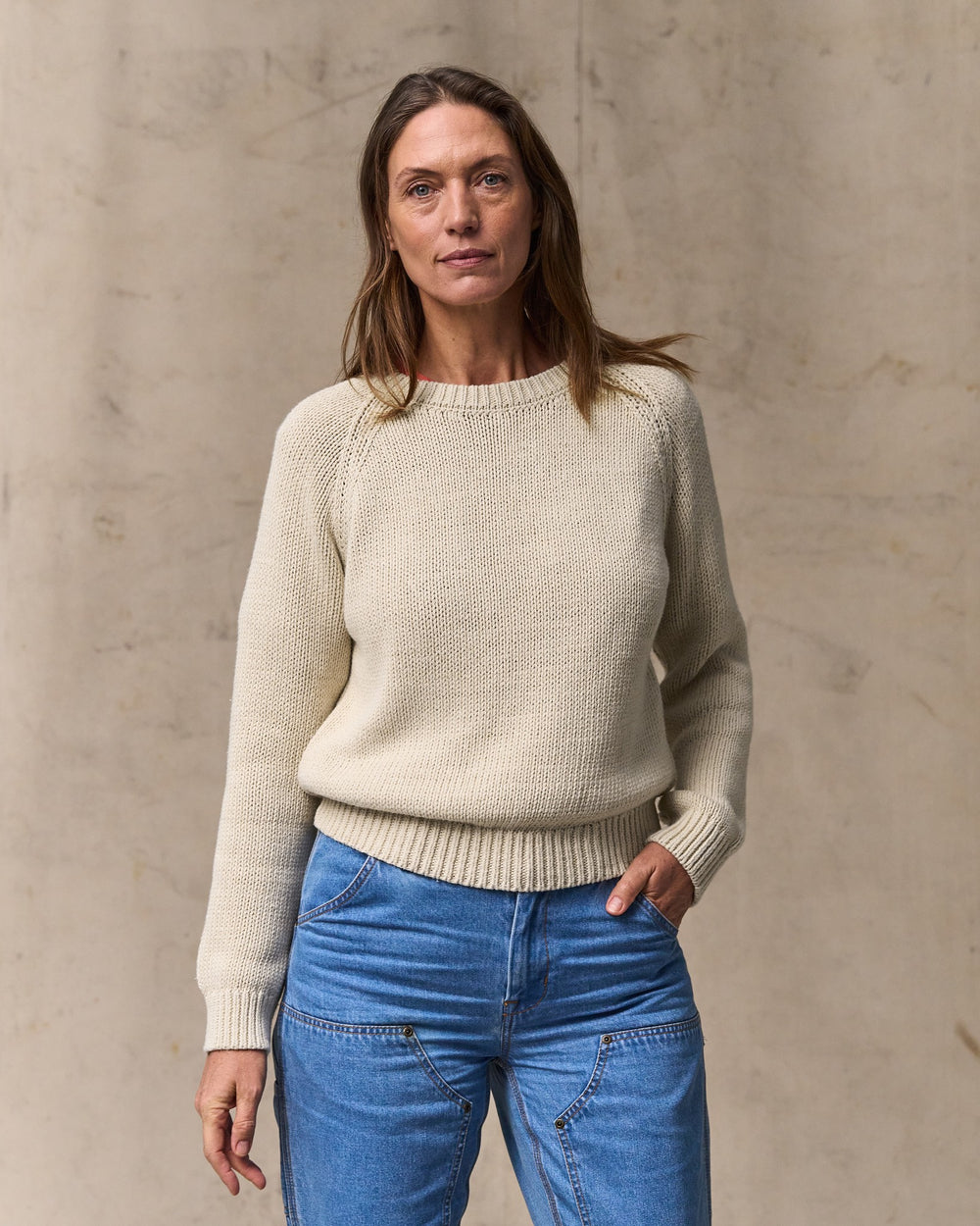 image of a model wearing Filson's Women's Cotton Crewneck Sweater - Natural