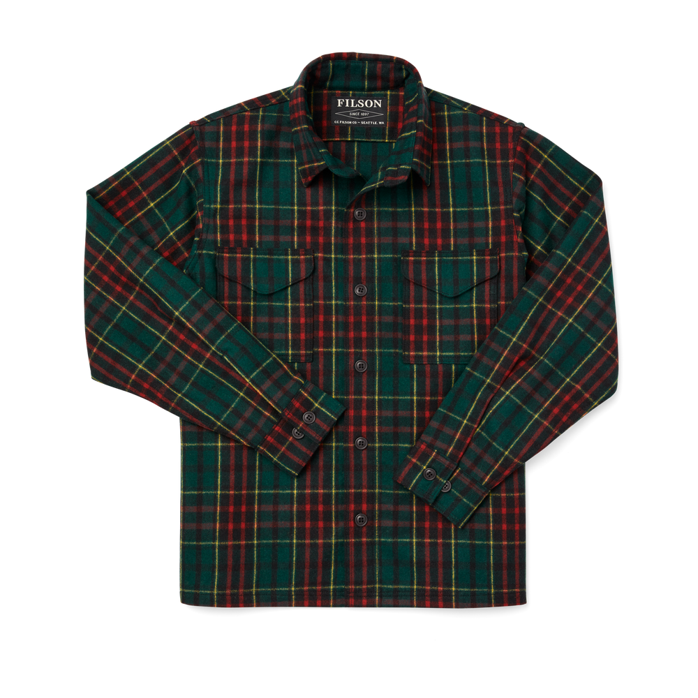 Front-facing image of the Filson Jac-shirt - Black / Green / Gold /red Plaid