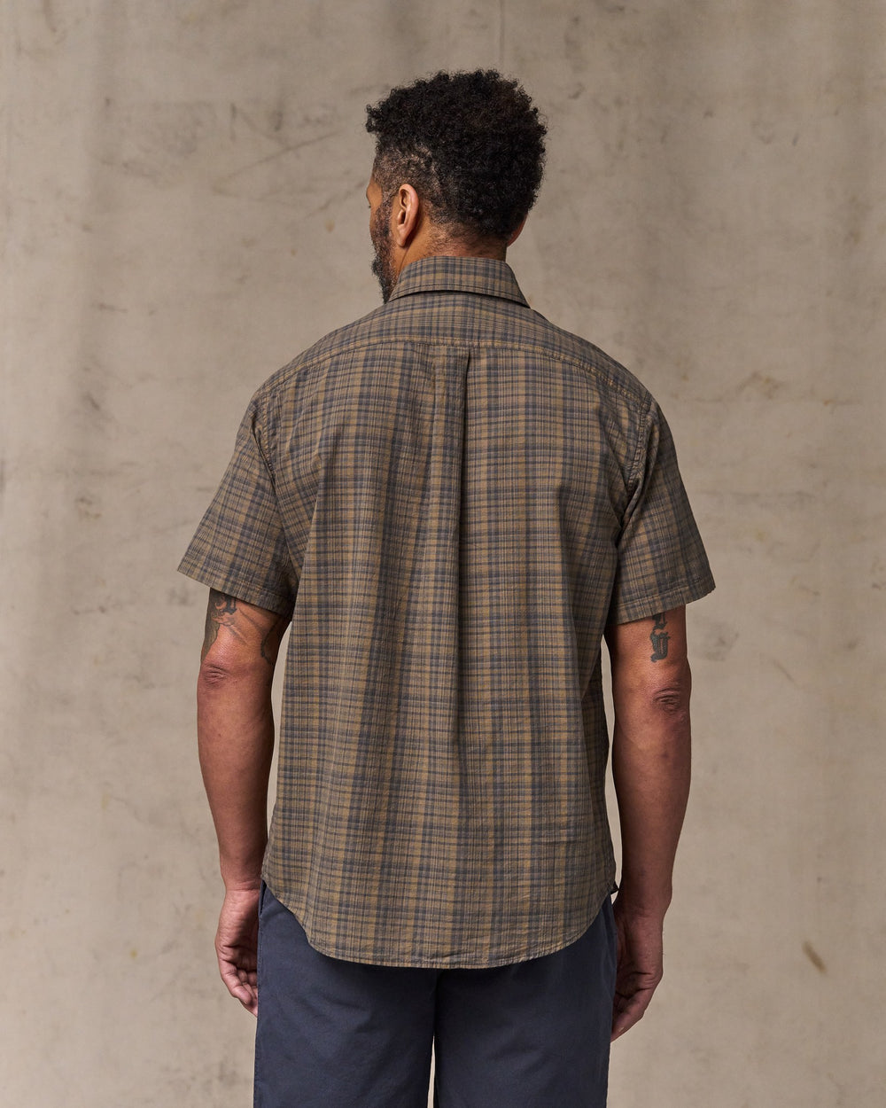Short Sleeve Madras Popover Shirt - Brown / Olive Plaid