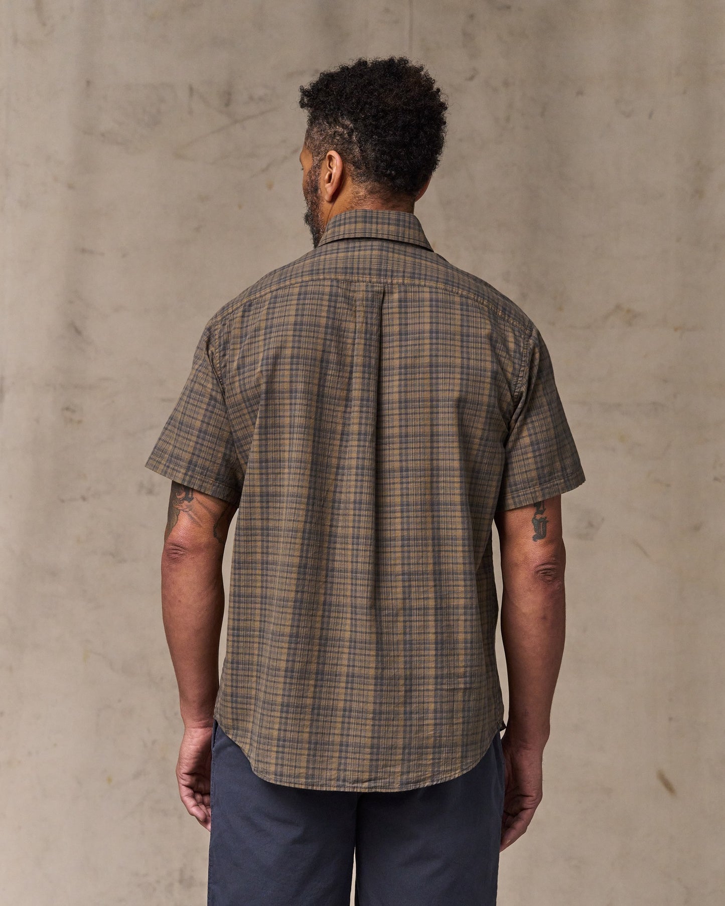 Short Sleeve Madras Popover Shirt - Brown / Olive Plaid