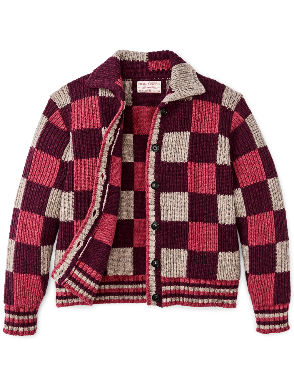 Women's Checkered Wool Cardigan - Burgundy / Gray Check