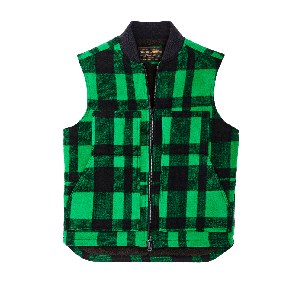 Front-facing image of the Filson Lined Mackinaw Wool Work Vest - Acid Green / Black Heritage Plaid X