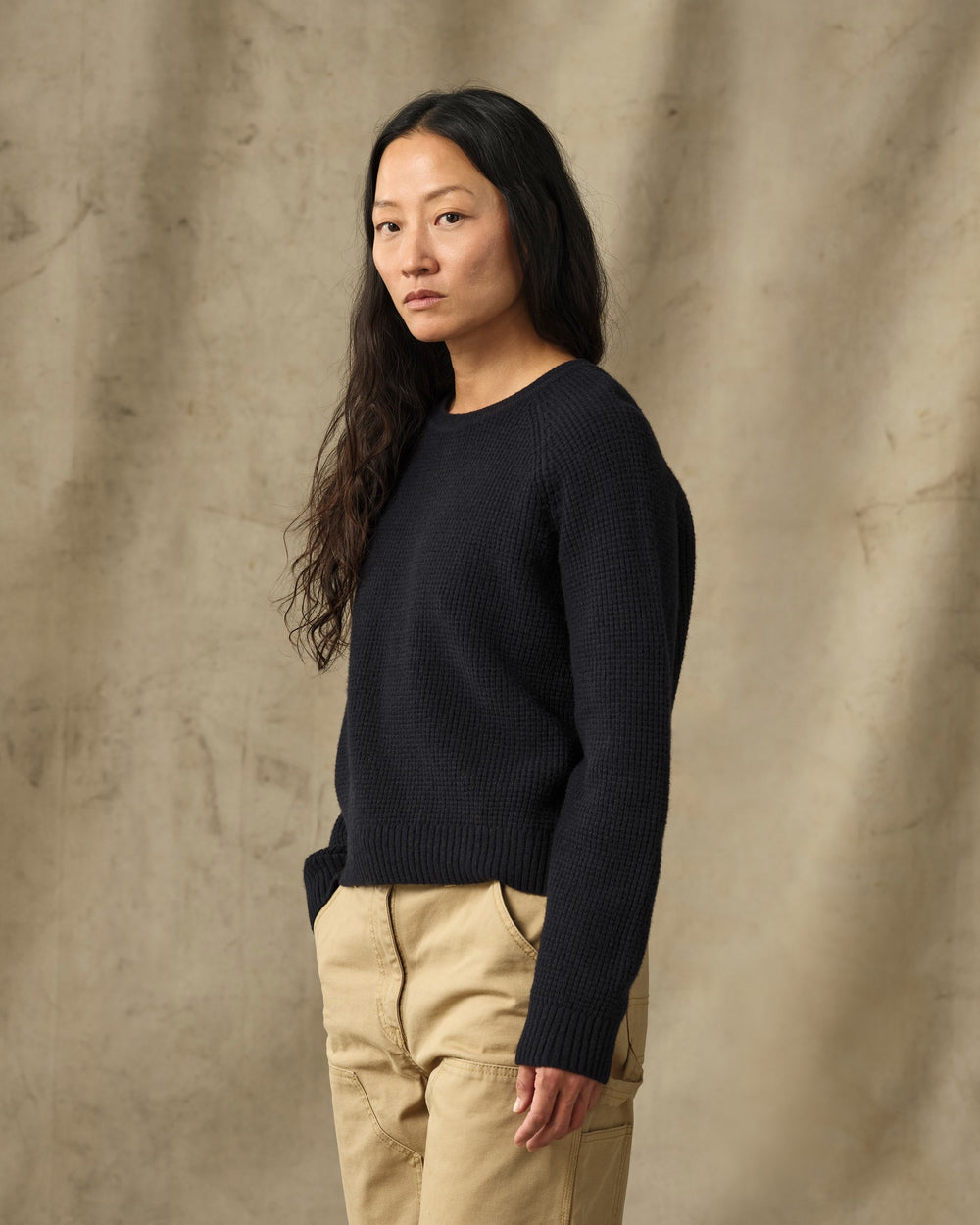 Women's Waffle Knit Merino Sweater - Dark Navy