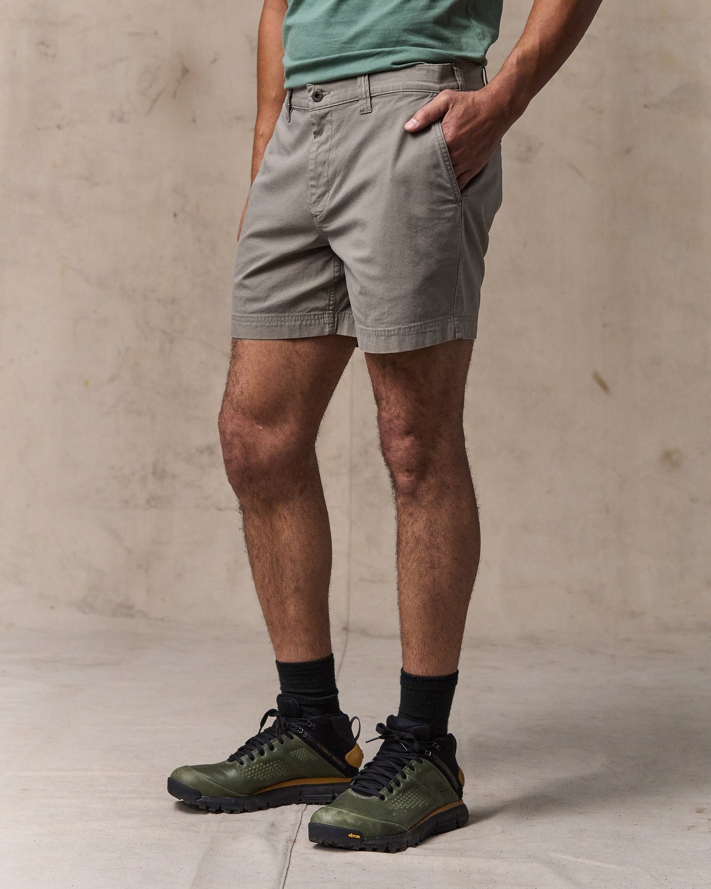 image of a model wearing Filson's Granite Mountain 6" Shorts - Hawk Brown